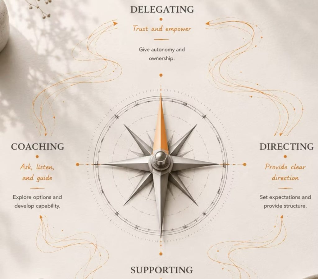 An elegant leadership compass infographic showing the four adaptive leadership styles: Delegating, Directing, Supporting, and Coaching, with copper arrows on a clean desk backdrop, illustrating flexible management.