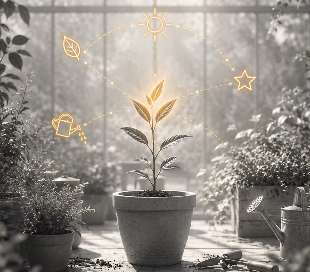 A small plant in a pot inside a bright greenhouse, surrounded by glowing orange sketches of a watering can, sun, and star, serving as a metaphor for corporate coaching, employee growth, and talent development.