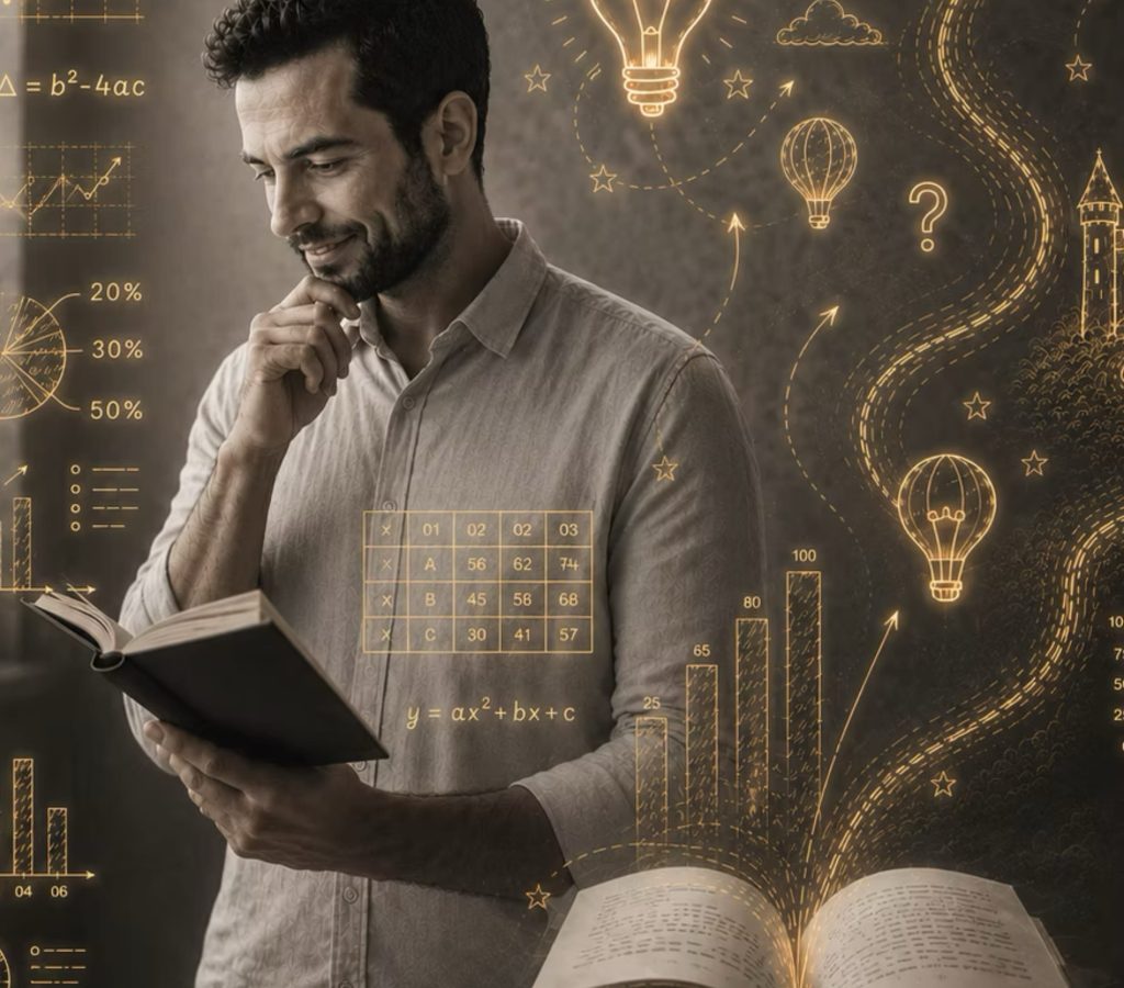 A professional man reading a book, visualizing the transformation of data charts and formulas into a glowing, creative story path with ideas and corporate storytelling concepts, representing executive presence and data-driven narratives.