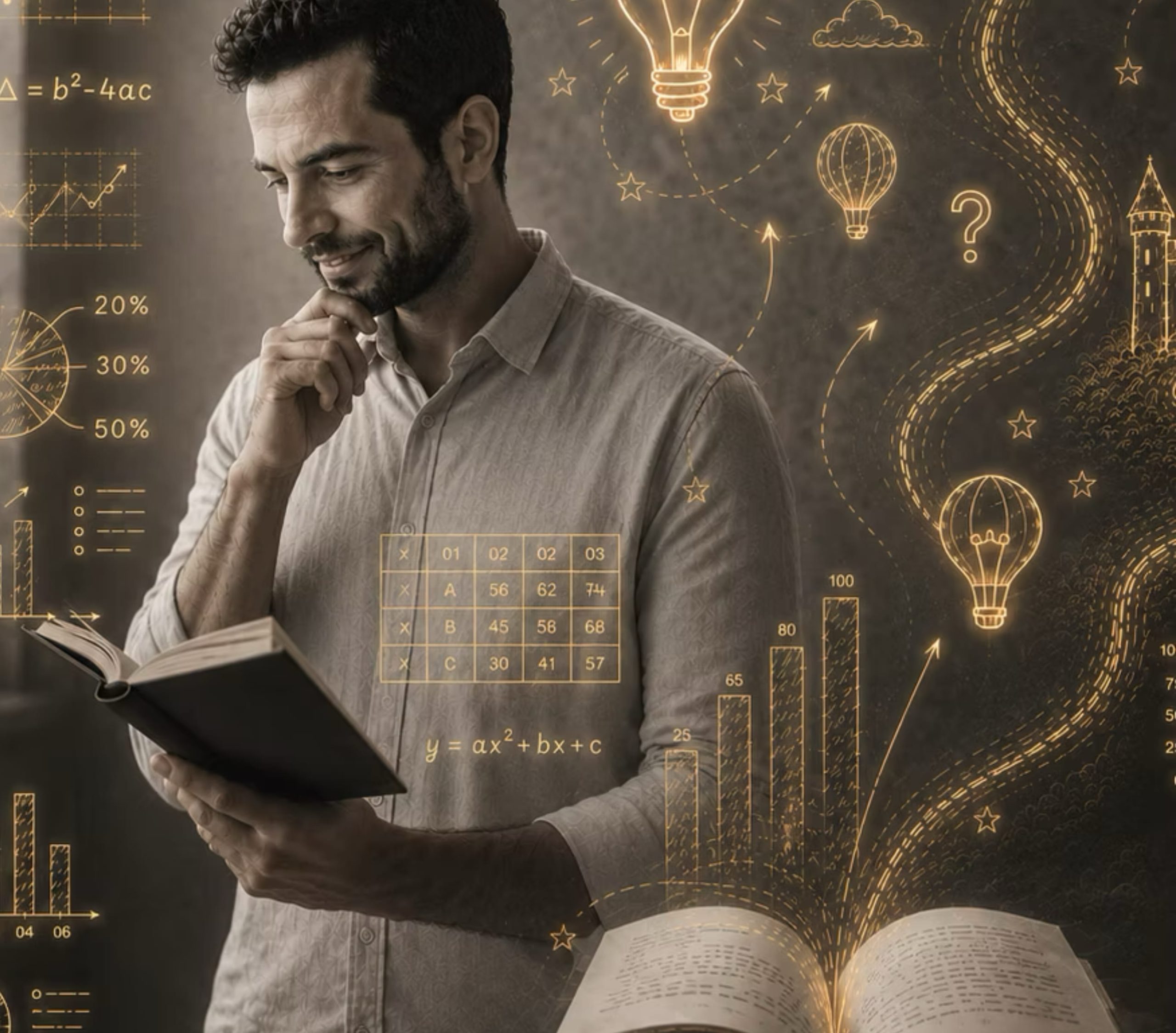 A professional man reading a book, visualizing the transformation of data charts and formulas into a glowing, creative story path with ideas and corporate storytelling concepts, representing executive presence and data-driven narratives.