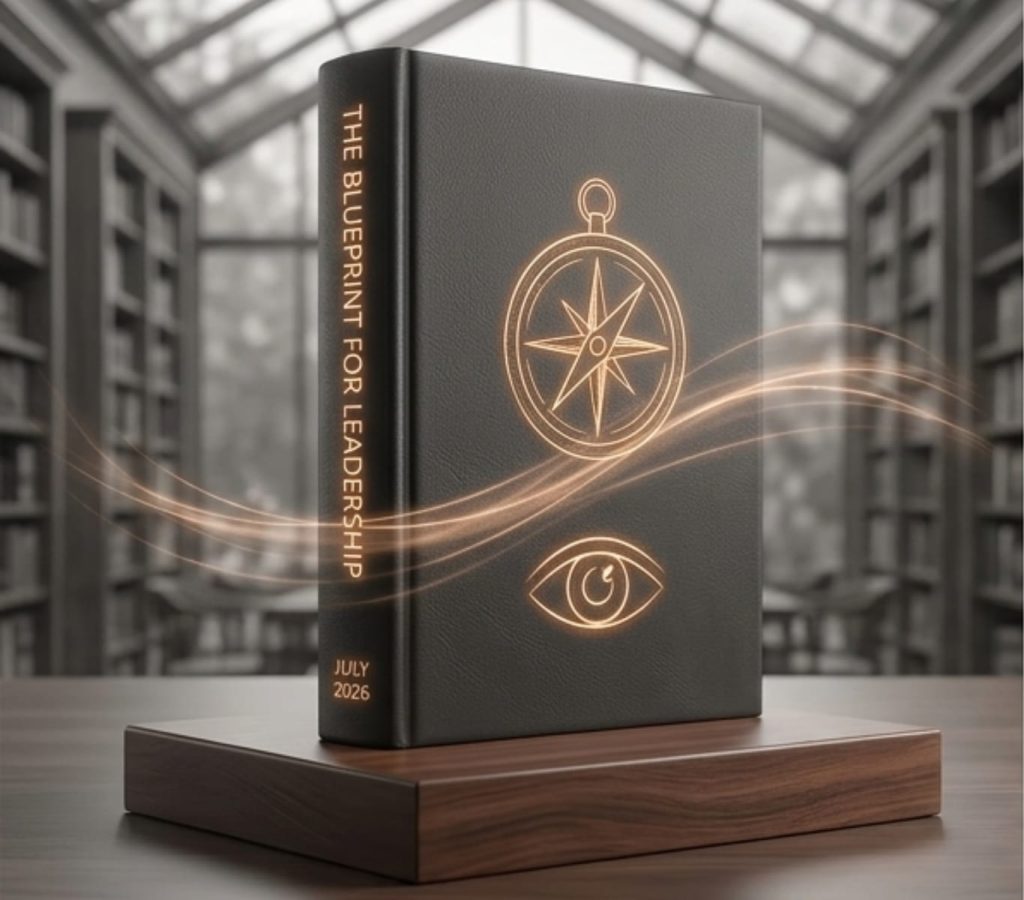 An elegant corporate book mockup placed next to a vintage hourglass on a dark wooden desk, symbolizing the upcoming Kybalion LLC book launch.