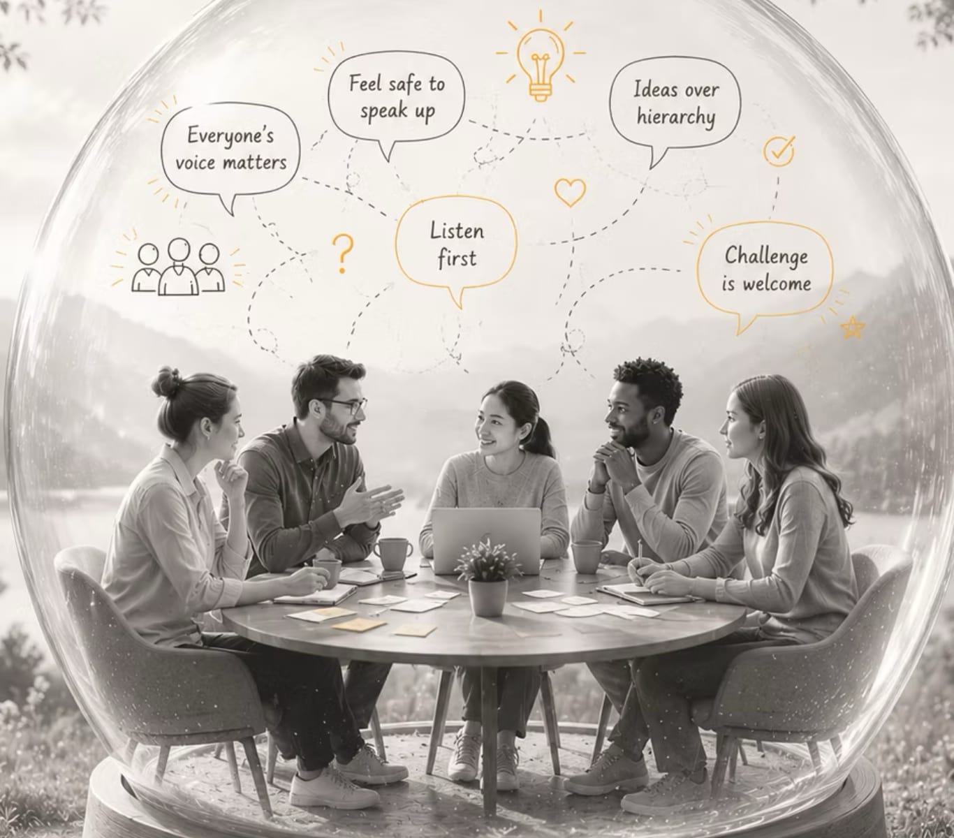 Corporate team in a bubble workshop representing psychological safety and collaborative culture at Kybalion LLC