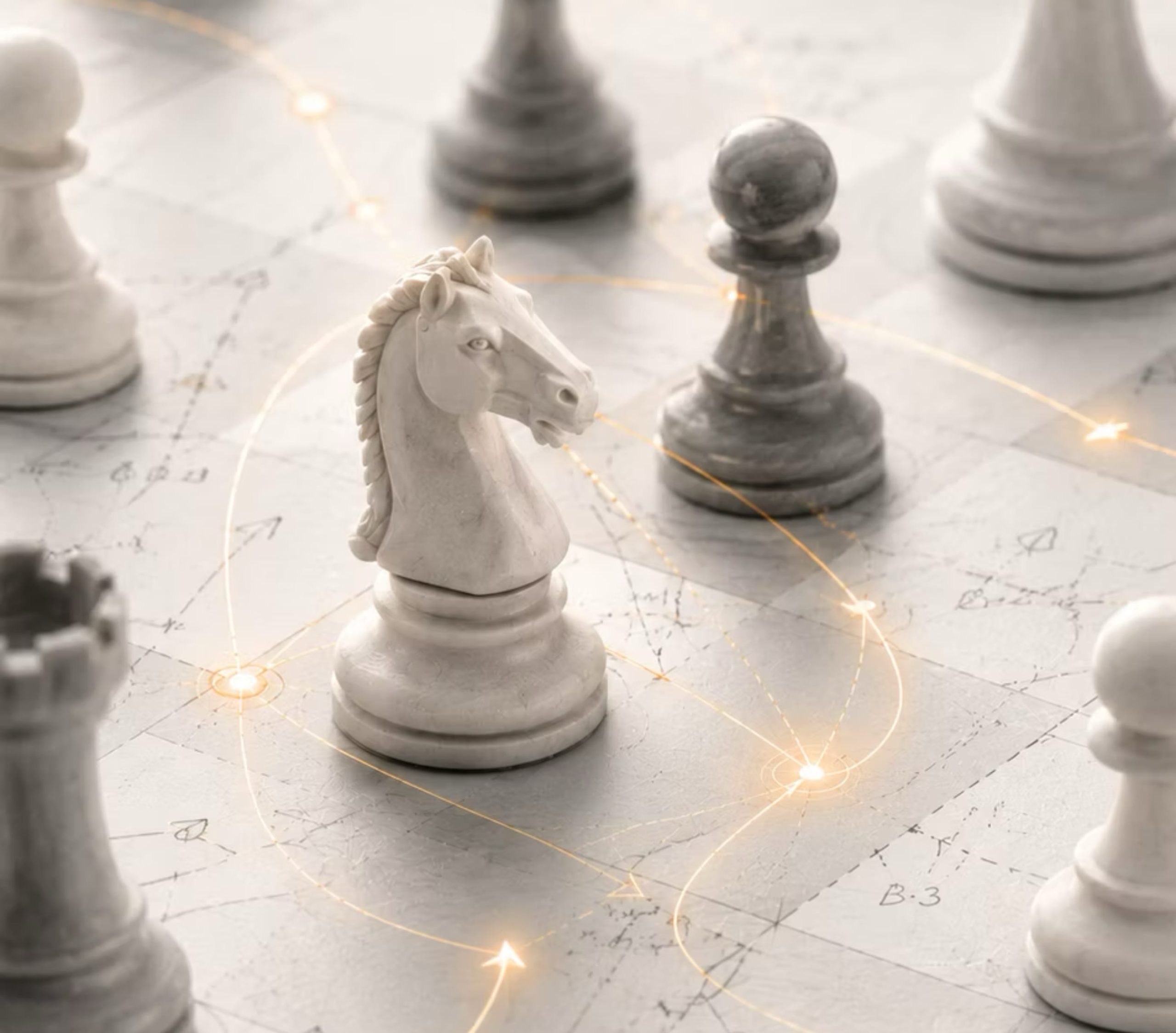 Chess pieces on a strategy board symbolizing alignment and tactical management excellence in leadership.