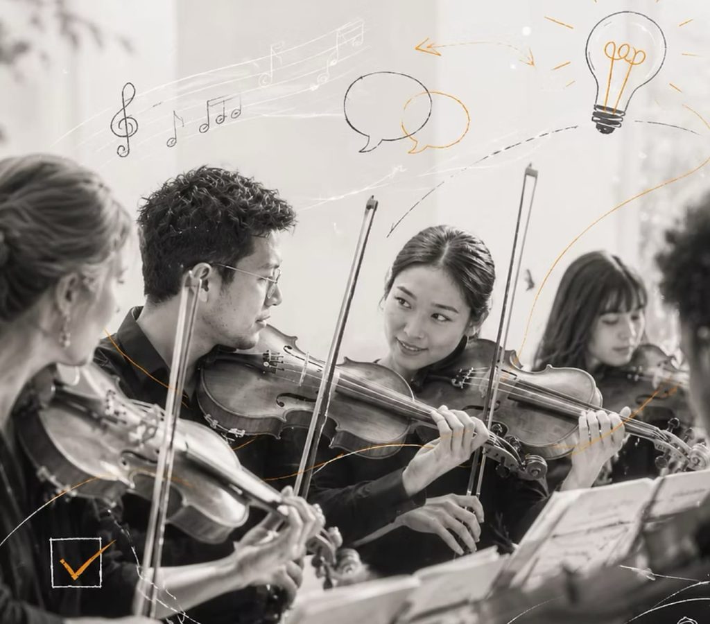 A black and white image of a violin orchestra playing together with abstract orange corporate sketches, symbolizing team effectiveness, psychological safety, and high-performing collaboration.