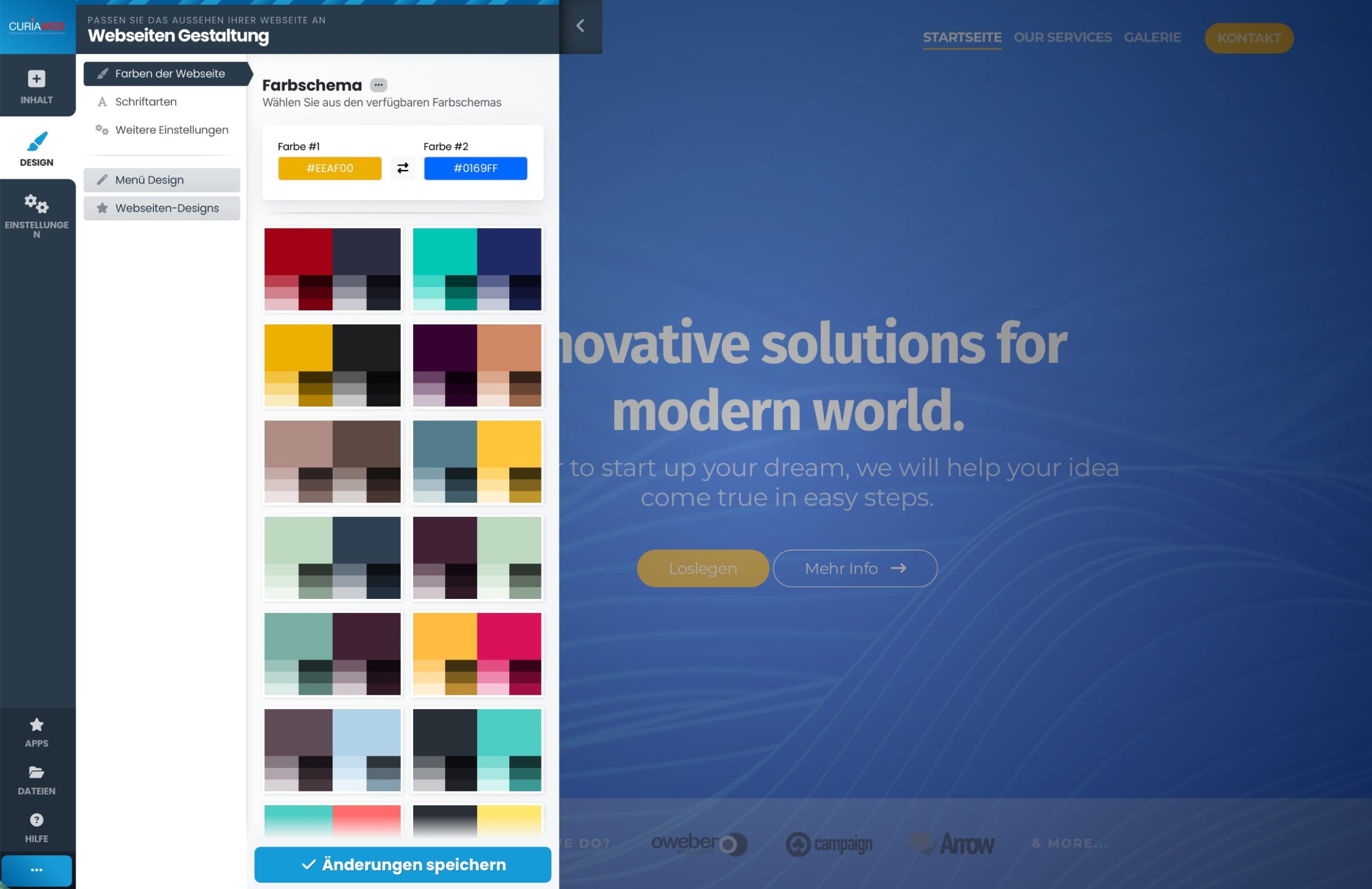 Dashboard des CURIAWEB Website Baukastens zur einfachen Erstellung professioneller Websites