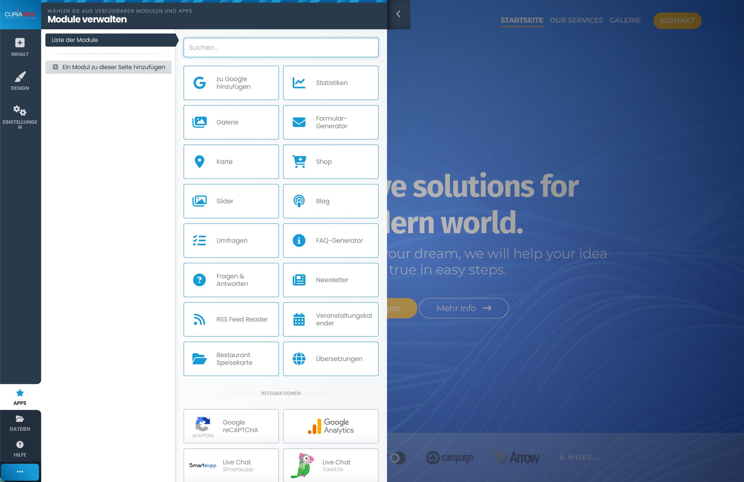 Apps und Module im CURIAWEB Website Baukasten zur Erweiterung deiner Website