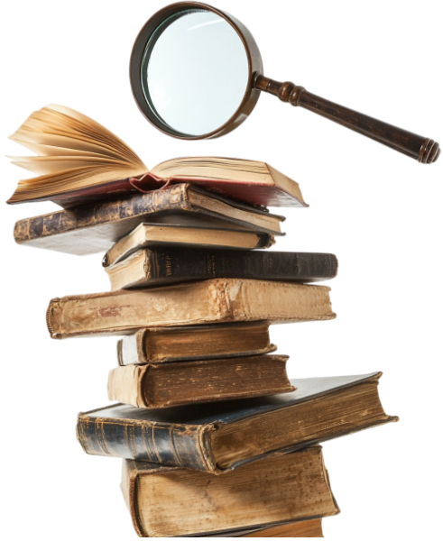 Bücherstapel mit Lupe für Fachartikel zu Webhosting, WordPress, SEO und KI