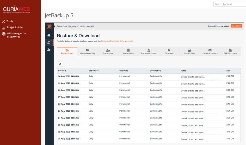 Gesicherte Daten eines Hosting-Accounts in JetBackup 5