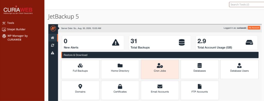 Tägliche Backup-Stände in JetBackup 5 bei CURIAWEB