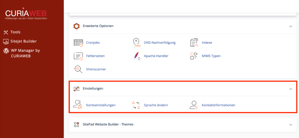 cPanel Einstellungen: Konto, Sprache und Kontaktinformationen verwalten