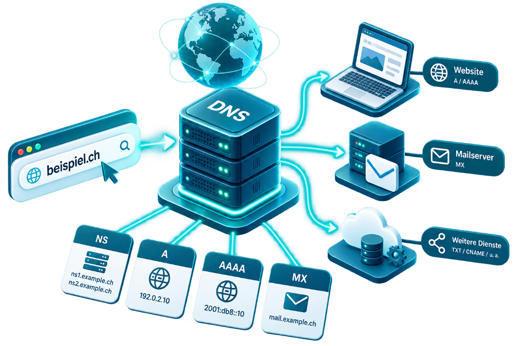 DNS-Funktionsweise mit Domain, DNS-Server, Website, Mailserver und verschiedenen DNS-Records