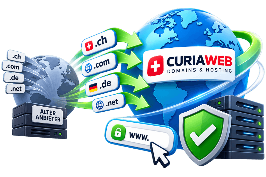 Domain Transfer Schweiz – bestehende .ch, .com, .de und .net Domains zu CURIAWEB transferieren