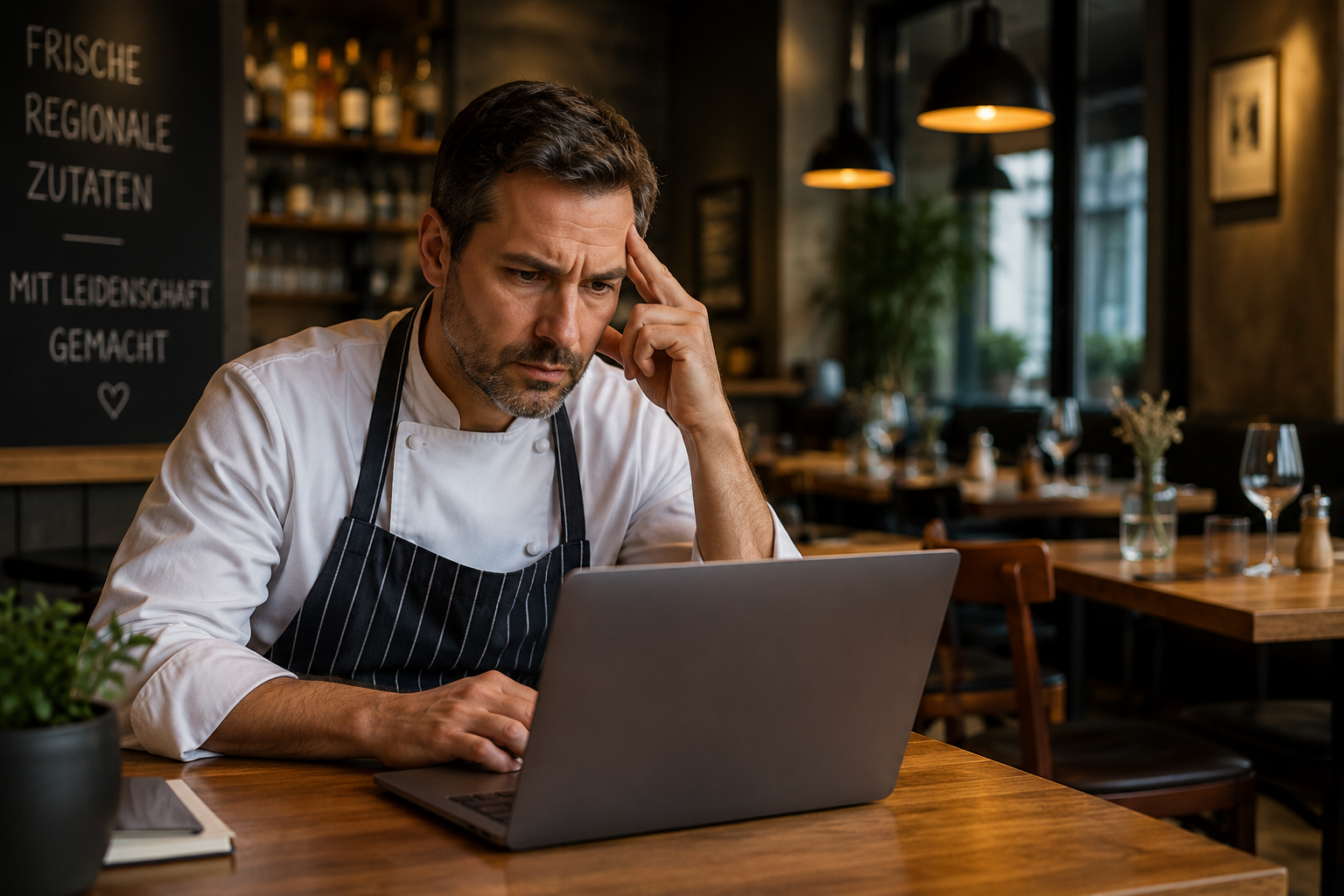 Restaurantbesitzer prüft seine Website – Symbol für professionelles Webhosting für Restaurants