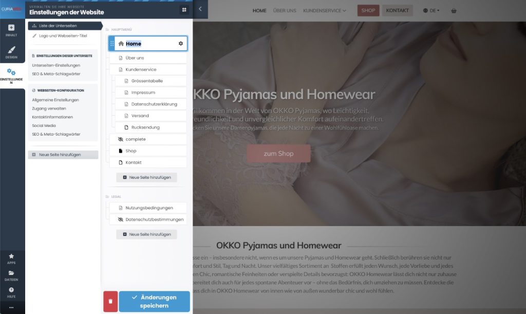 Seiten und Navigation im Kopage Website Builder verwalten