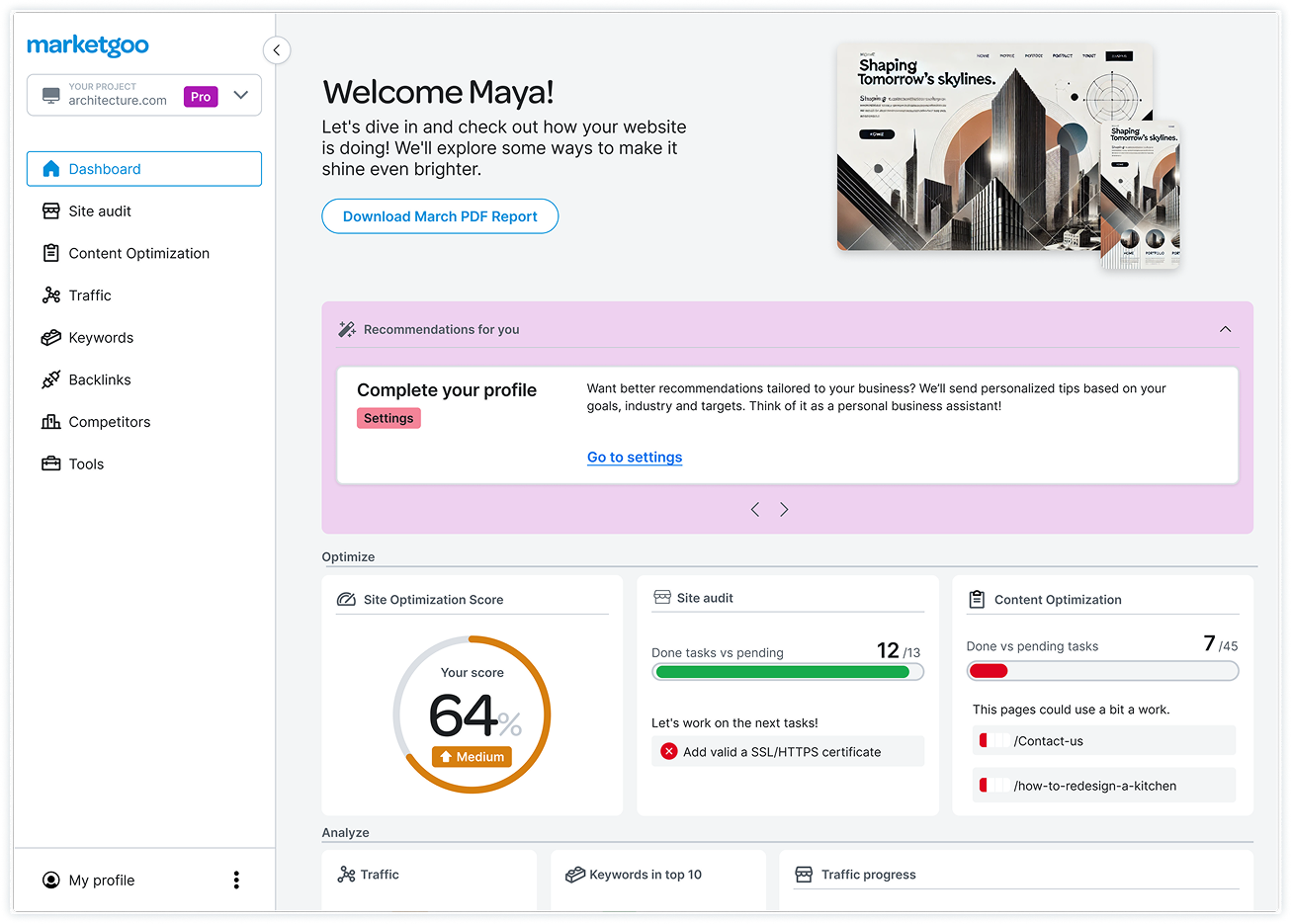 marketgoo SEO Dashboard mit Website-Analyse, SEO-Aufgaben und Optimierungsempfehlungen