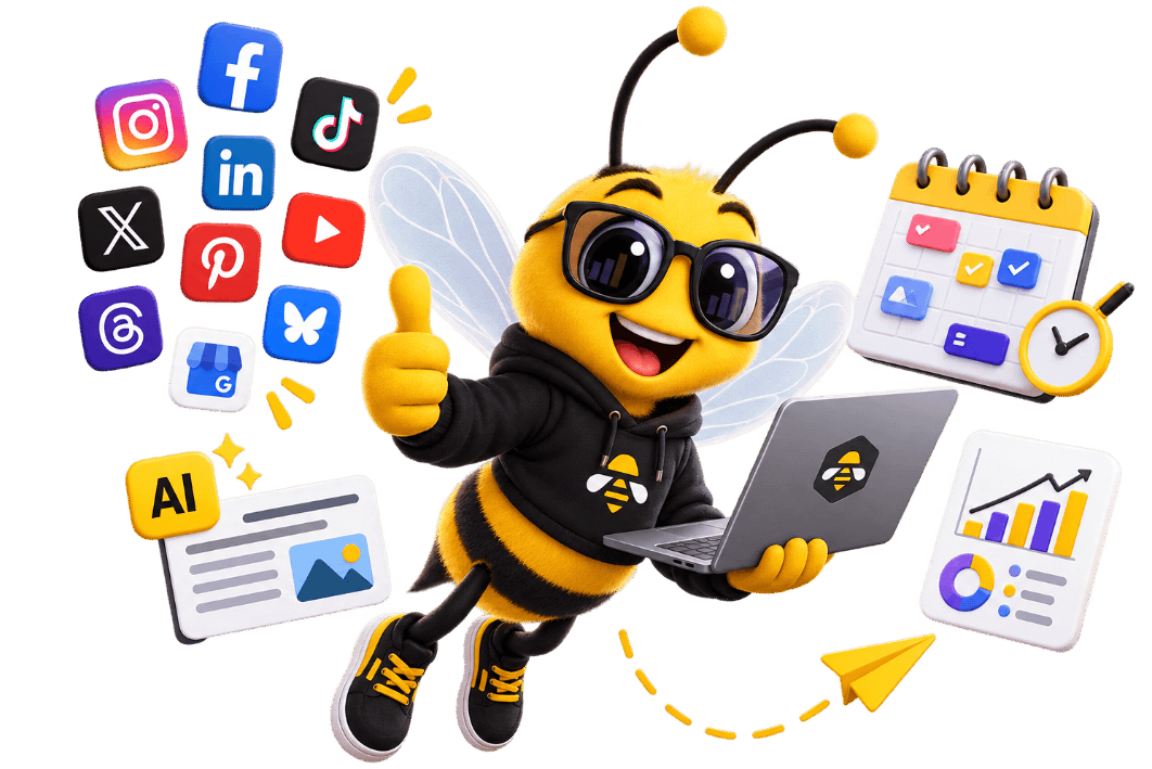 Biene mit Social-Media-Kanälen als Symbol für Social Media Management mit SocialBee